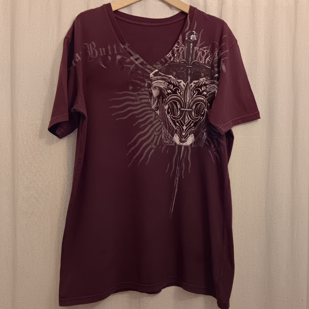 Brad Butter Purple Double Horse Screen Graphic V Neck T Shirt Mens Sz M